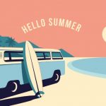 Surfing van and surfboard at the beach with mountains landscape on background. Summer time vacation banner design template. Vintage styled minimalistic vector illustration.